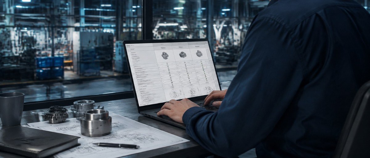 Especialista comparando información técnica de componentes industriales en una fábrica