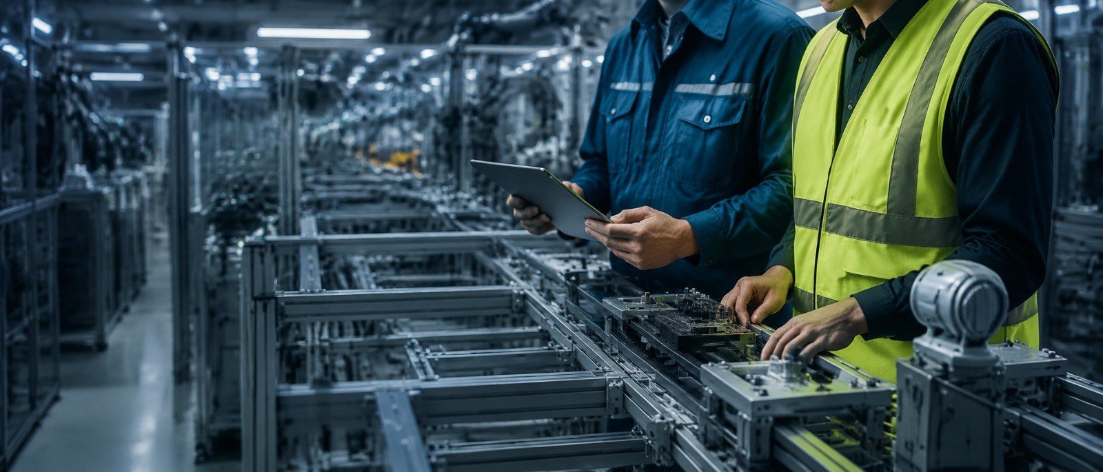 Profesionales revisando una línea de automatización dentro de una fábrica