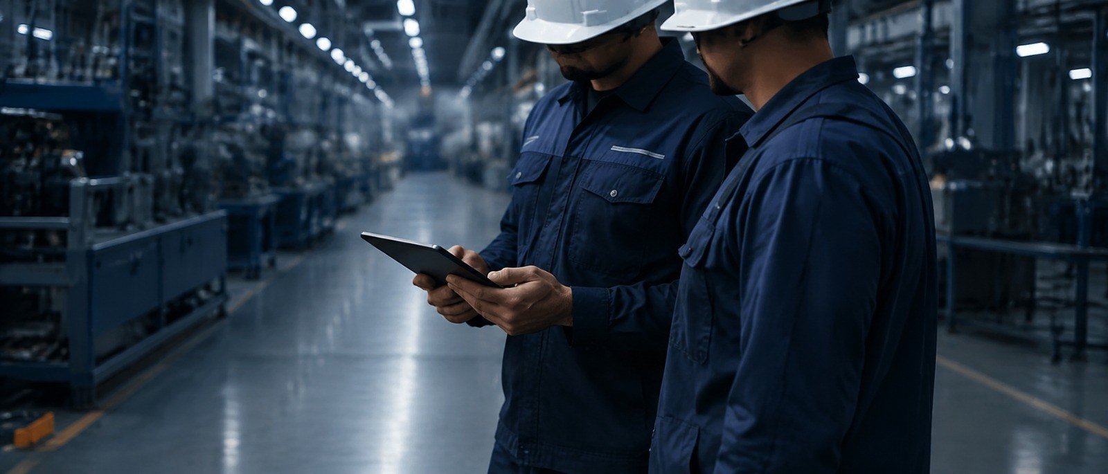 Dos profesionales industriales revisando información técnica en una tablet dentro de una fábrica