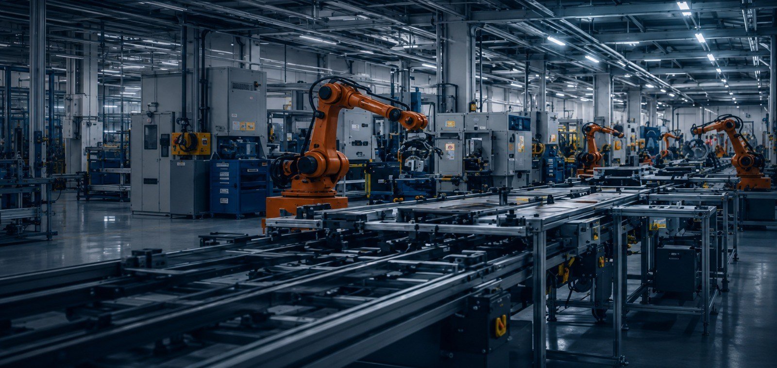 Fábrica automatizada con brazos robóticos y líneas de producción industrial