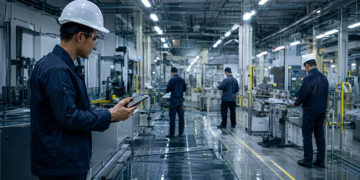 Profesionales inspeccionando procesos y equipos dentro de una fábrica